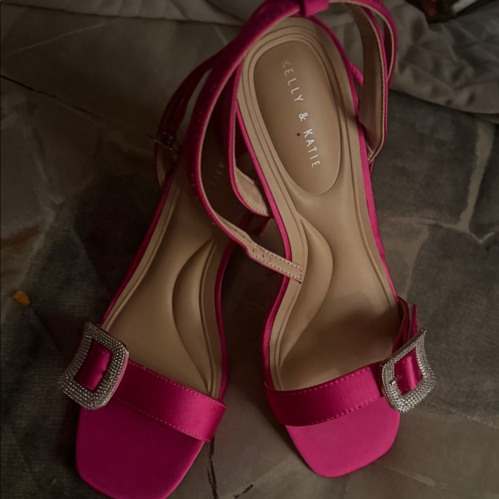 Kelly & Katie Fuchsia Satin Slingback Heels with Rhinestone Buckles